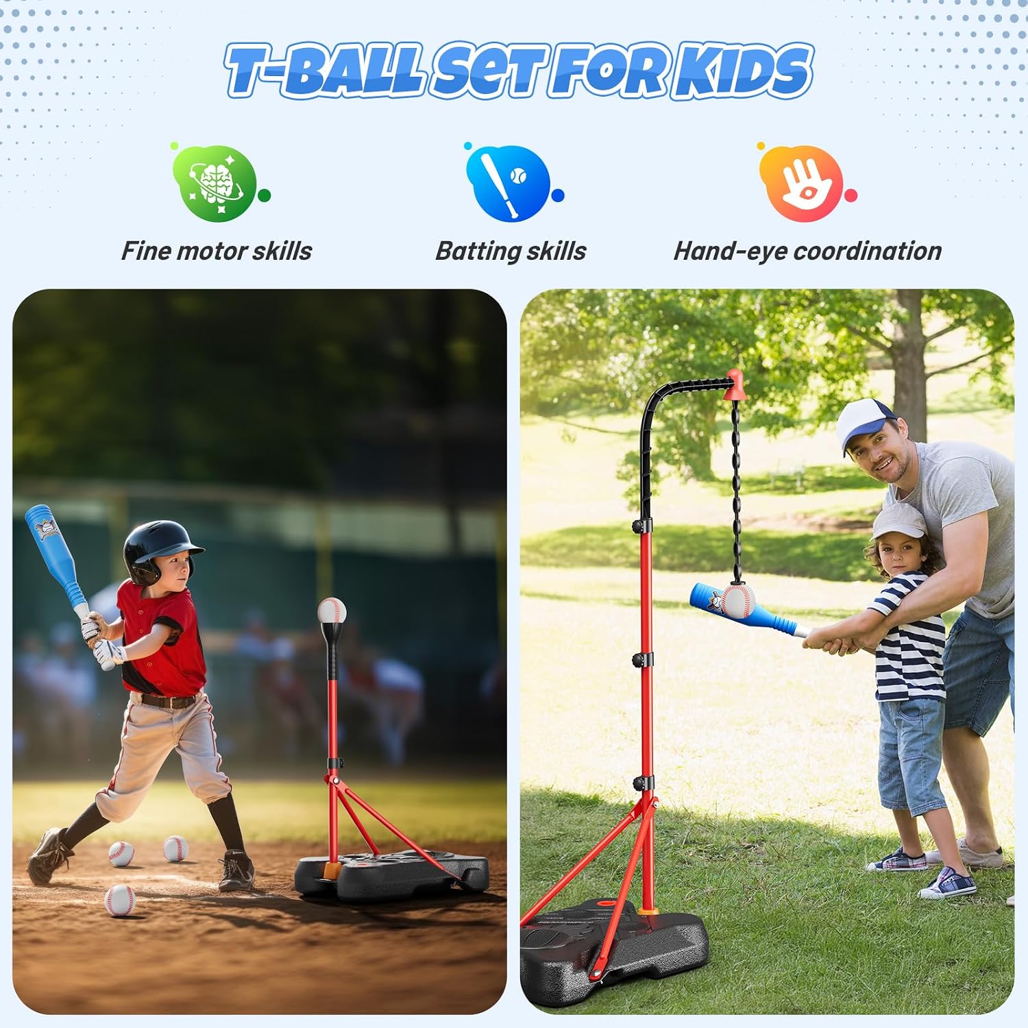2 in 1 Kids Basketball Hoop and T Ball Set | Adjustable Basketball Stand,Hanging Tee Baseball for Toddlers Boys Girls