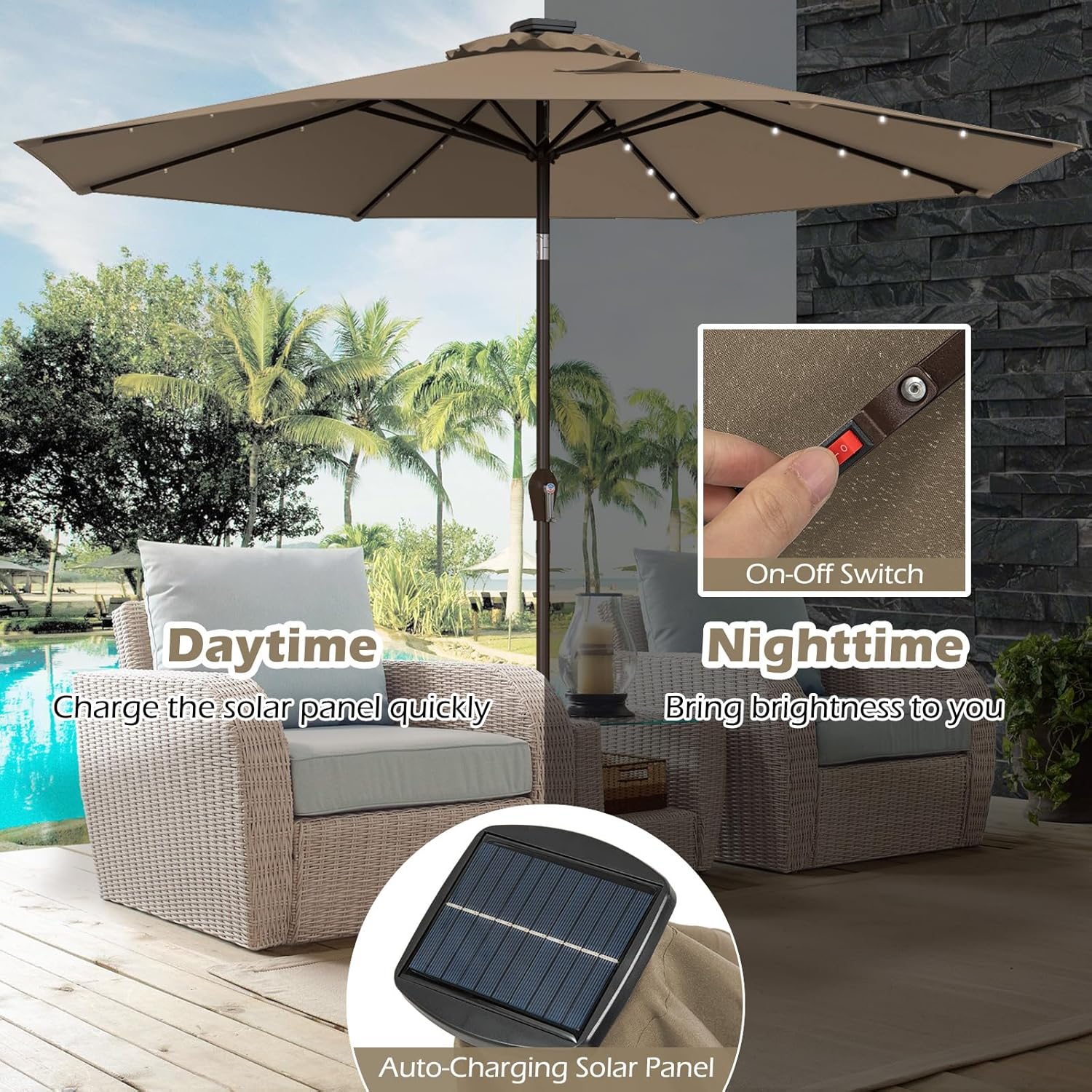 9ft/10ft Outdoor Patio umbrella with Solar Lights, Table Market Umbrella with Crank and Push-button Tilt System