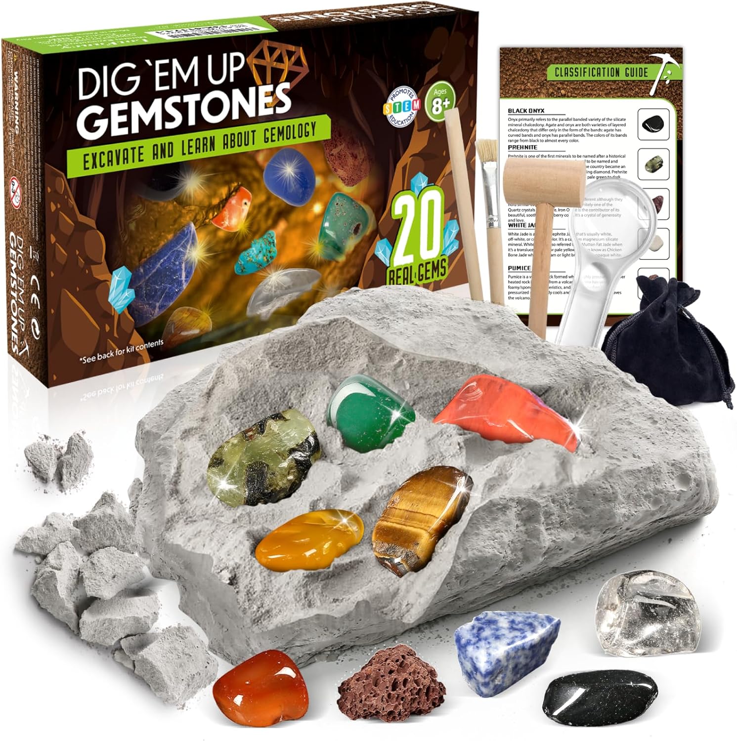 Gemstone Dig Kit for Kids, 20 Real Gems, Science Excavation Gift | Rocks Stones Collection,Ages 8-12 Fit,STEM