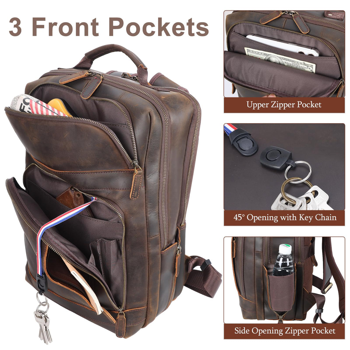 Brown Leather Laptop Backpack for Men 16 Inch Computer Work Bag