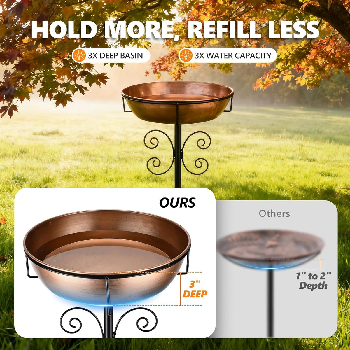 3" Deep 43" Tall Metal Bird Bath for Outside, Birdbath for Outdoors