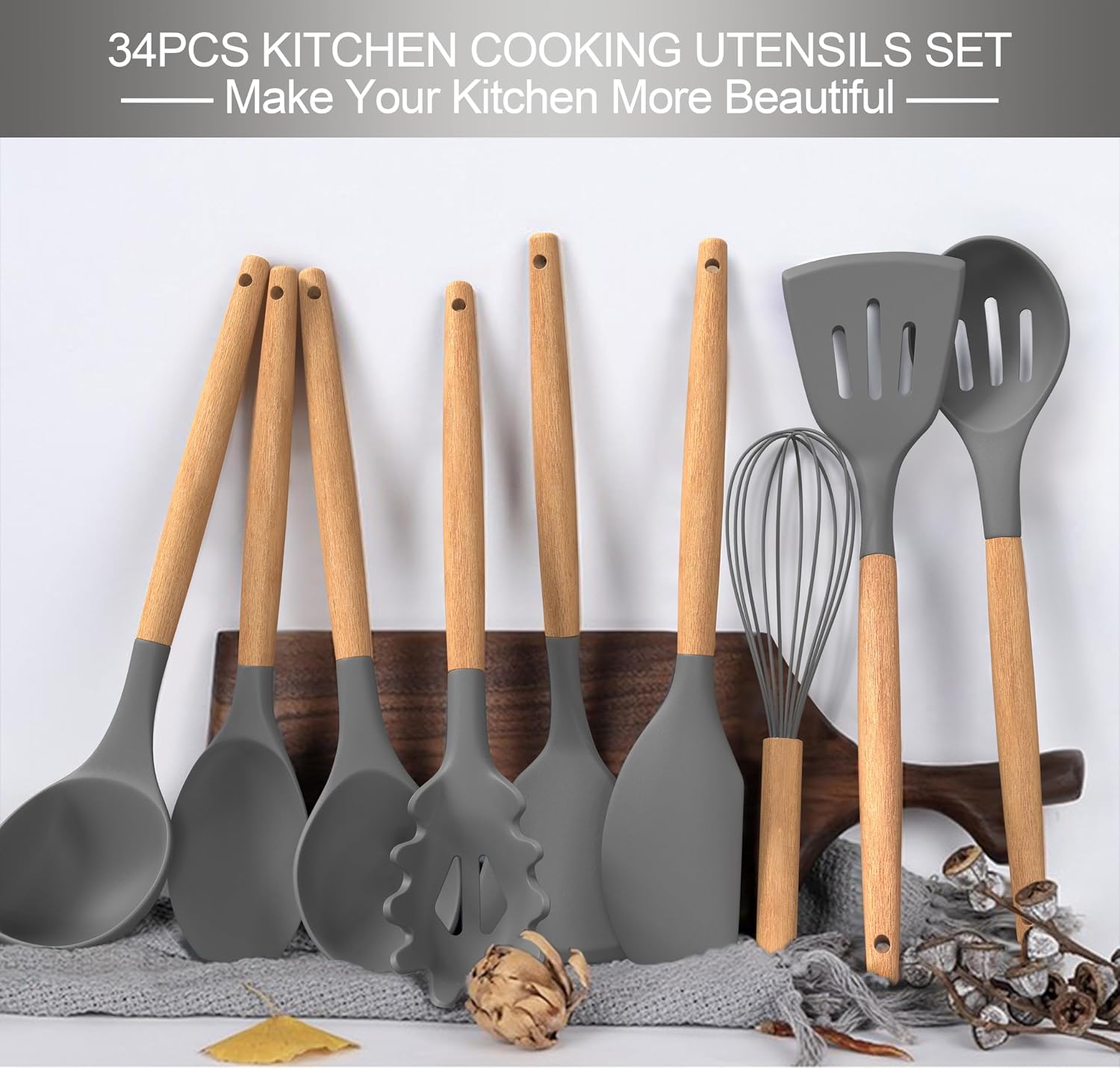 Silicone Cooking Utensils Set, 43Pcs Non-Stick Heat Resistant Kitchen Utensils Spatula Set with Wooden Handle for