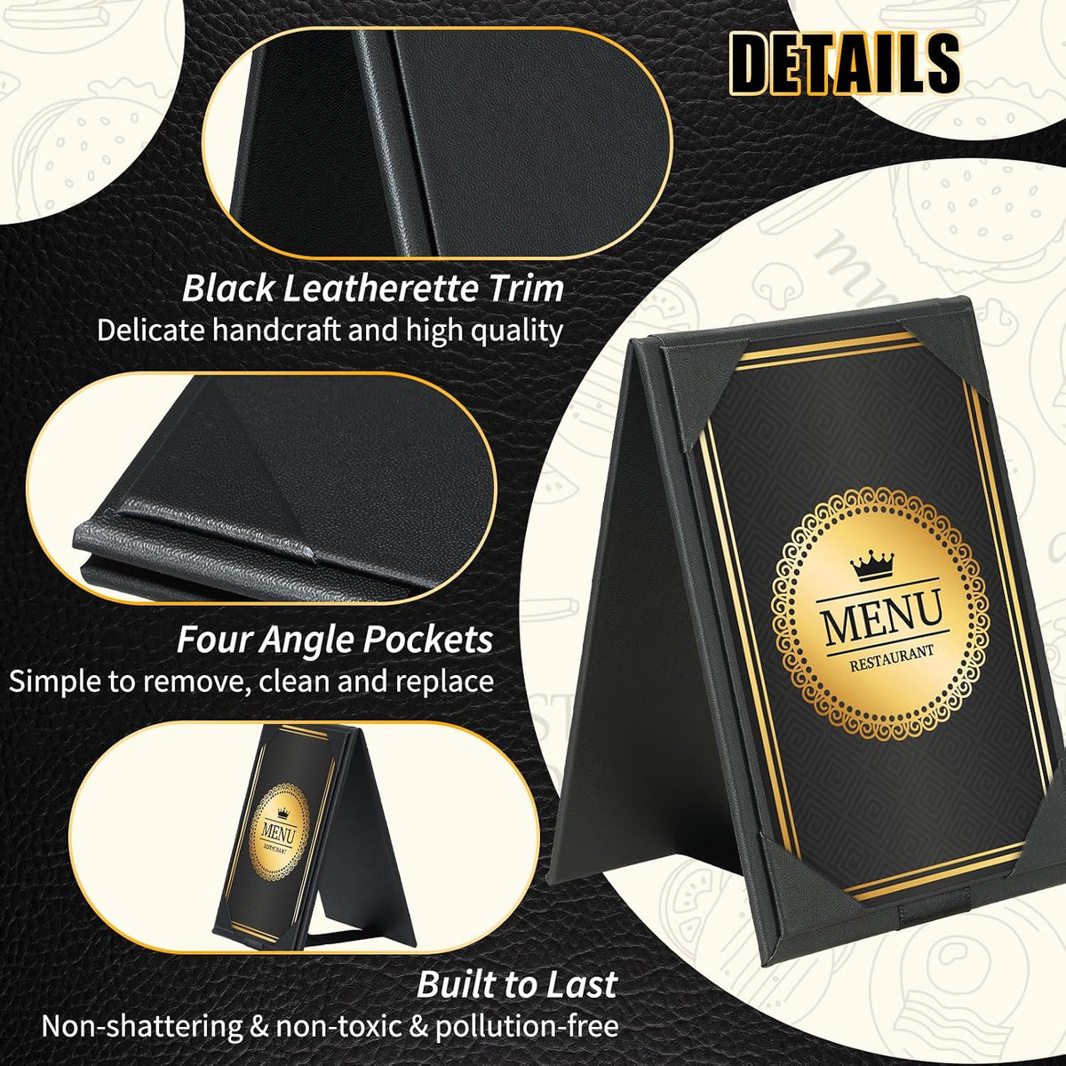 PU Leatherette Table Tents, 12Pcs Double-Sided Menu Holders 5 x 7"