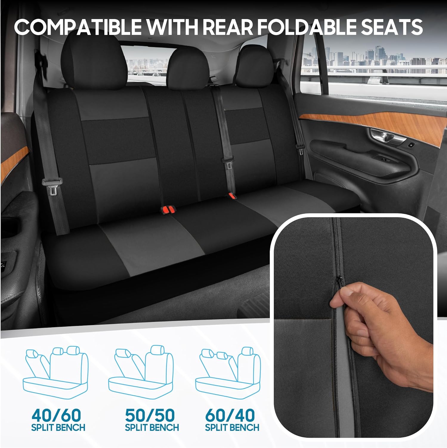 PolyPro Car Seat Covers Full Set in Charcoal on Black – Front and Rear Split Bench for Cars, Easy to Install Cover