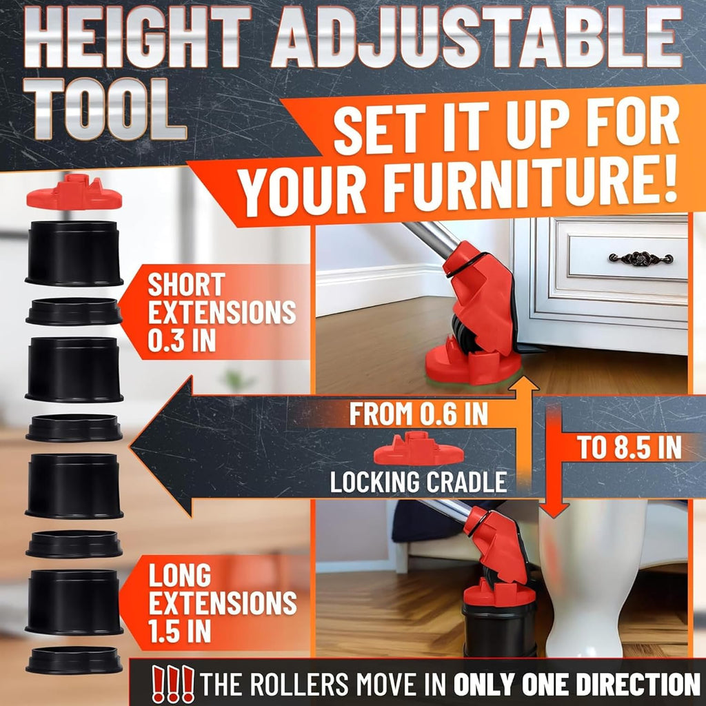 Furniture Lifter Tool with 4 Pcs Appliance Movers Sliders, 660 Lbs | Heavy Duty Furniture Moving Kit with Lifting
