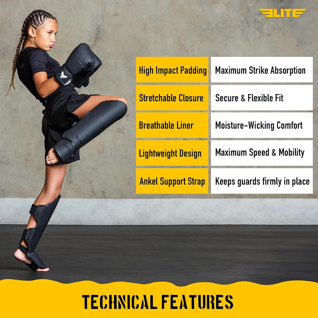 Muay Thai MMA Kickboxing Boys and Girls Shin Guards for Age 4 to 14 Years, Instep Guard Sparring Protective Leg Shin