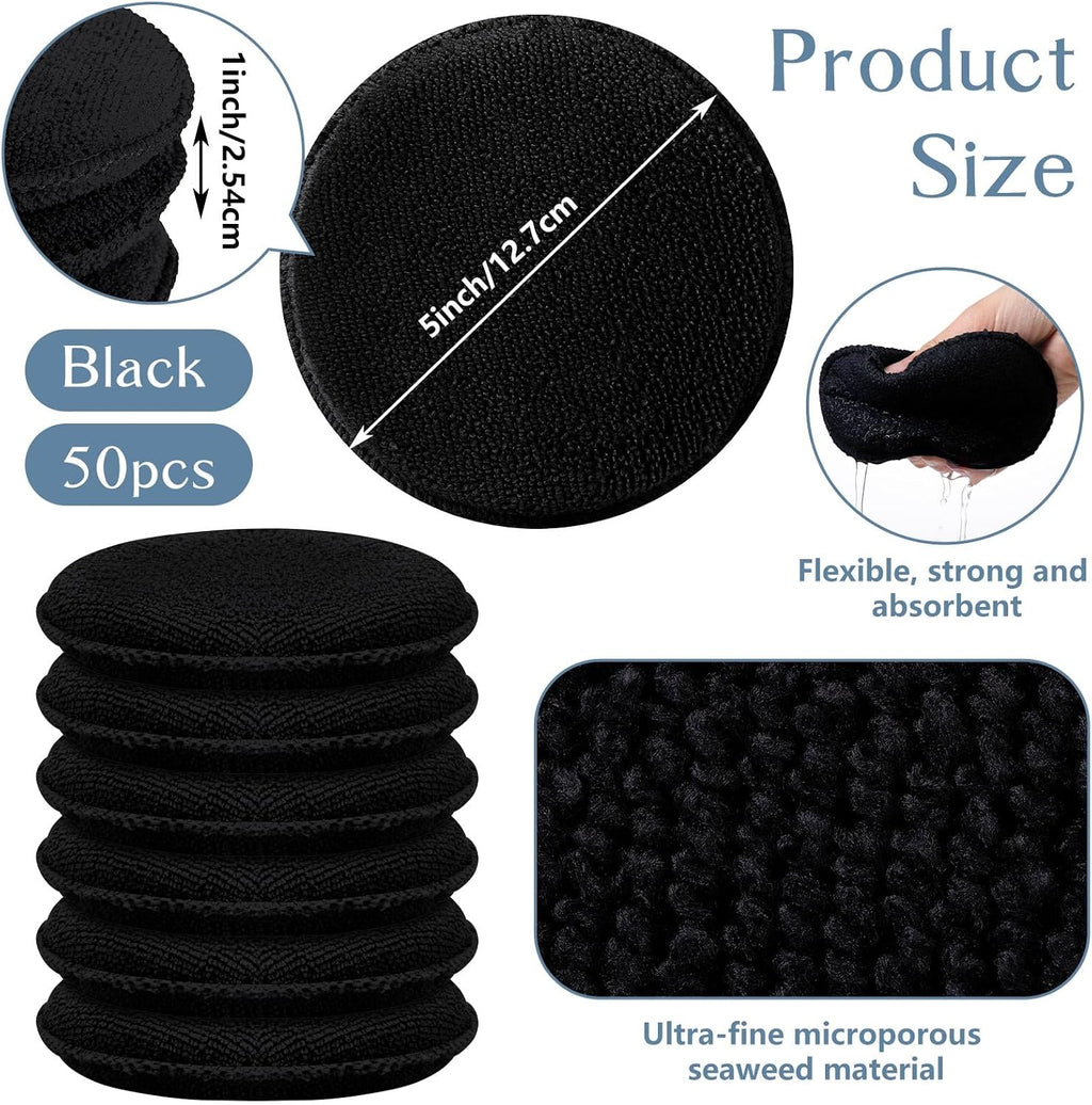 50 Pcs Car Detailing Microfiber Applicator Pad Wax Applicator Wash Microfiber Pads, 5 Inch Diameter (Black)