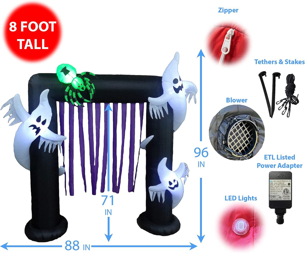 8 FT Illuminated Halloween Inflatable Ghosts and Spider Archway | Purple Streamers, Outdoor Indoor, Blow Up Lighted