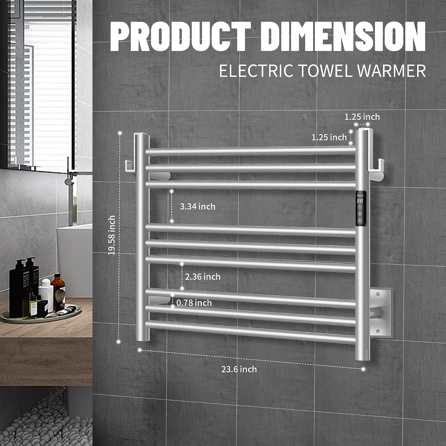 Wall-Mounted 9-Bar Heated Towel Rack, 2-Min Heat, NTC Safety | 4 Timers & 3 Heat Levels Control, Plug-In/Hardwired