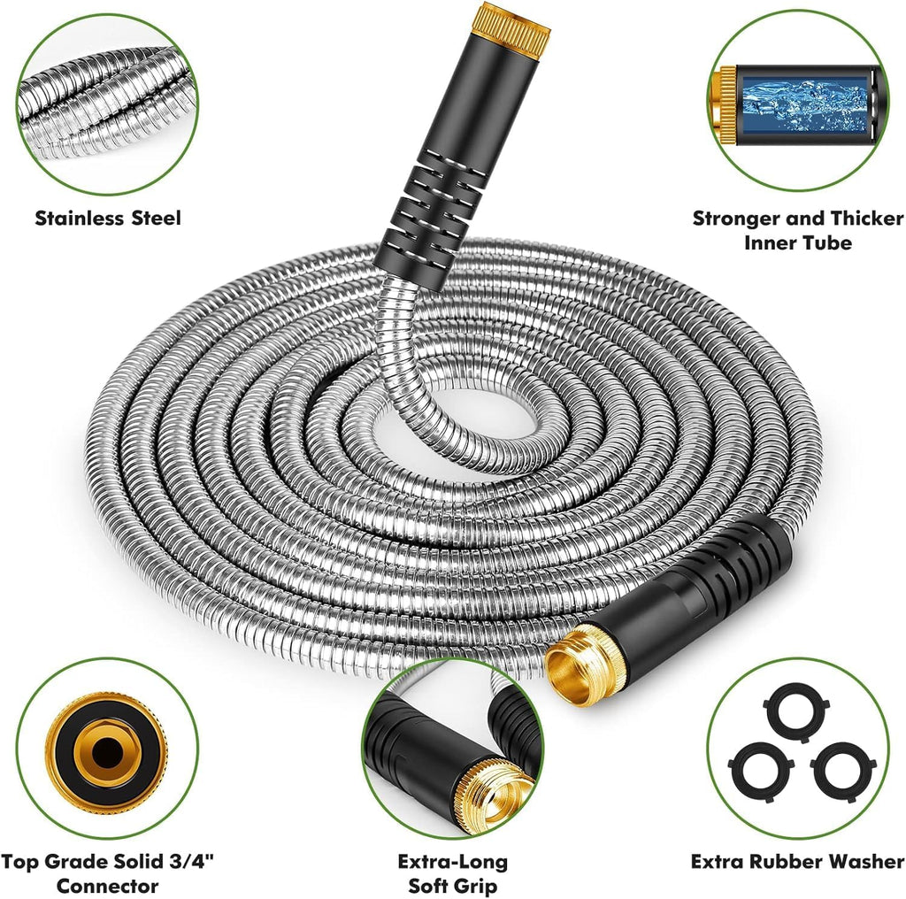 Garden Hose 50 ft, Stainless Steel Water Hose with 10 Function Nozzle Flexible, Heavy Duty, Lightweight, No-Kink, Pet