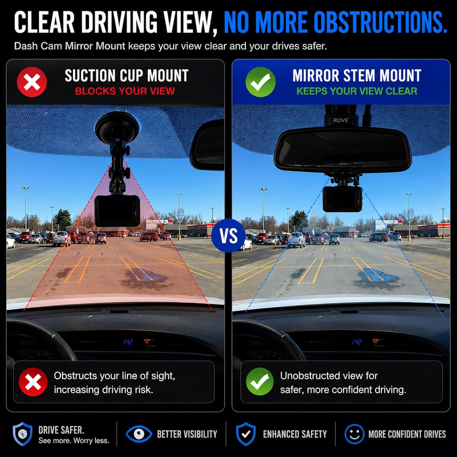 Universal Dash Cam Mount for Rove R2-4K, R2-4K Pro, R2-4K Dual, Redtiger Dash Cam - Suction Cup Replacement – Stable