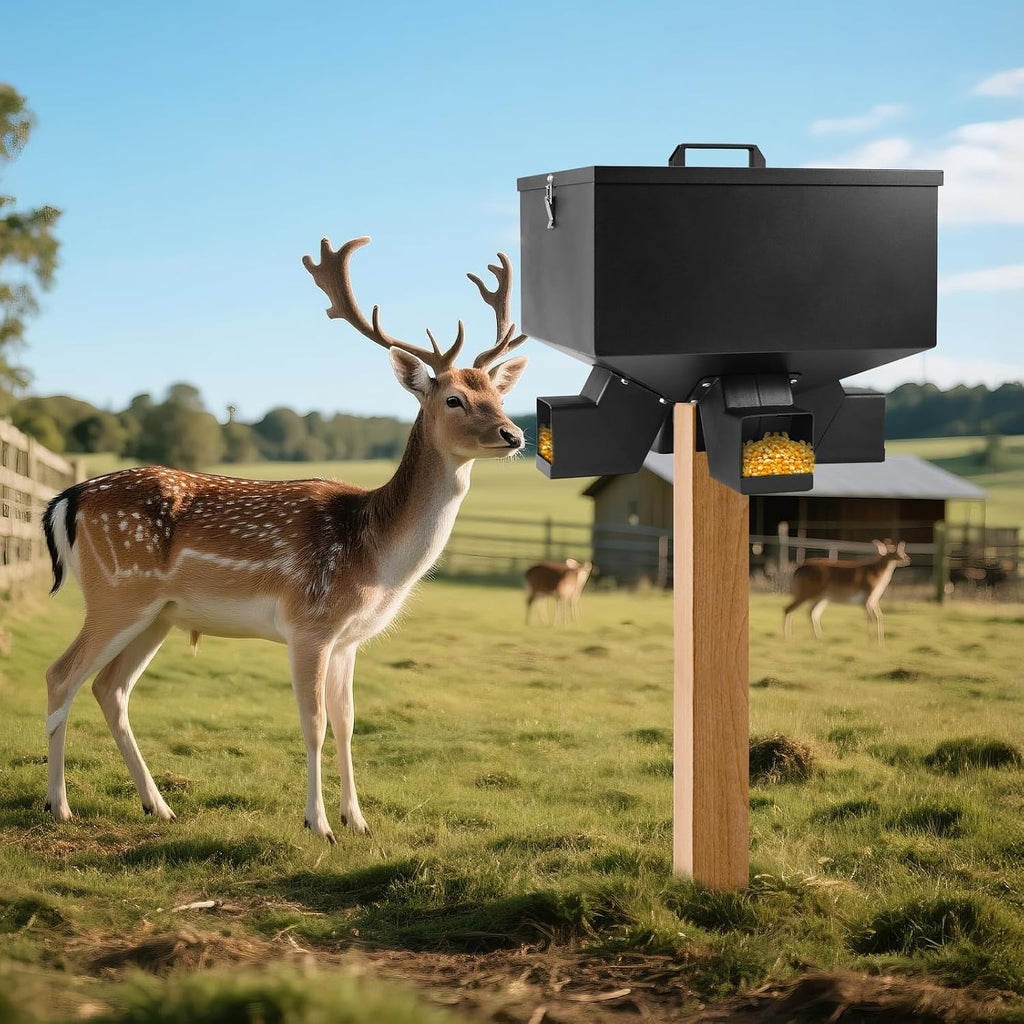 Portable 80LB Gravity Deer Feeder,Heavy Duty Metal Automatic Deer Feeder with 4 Feed Ports,Weatherproof for Wildlife