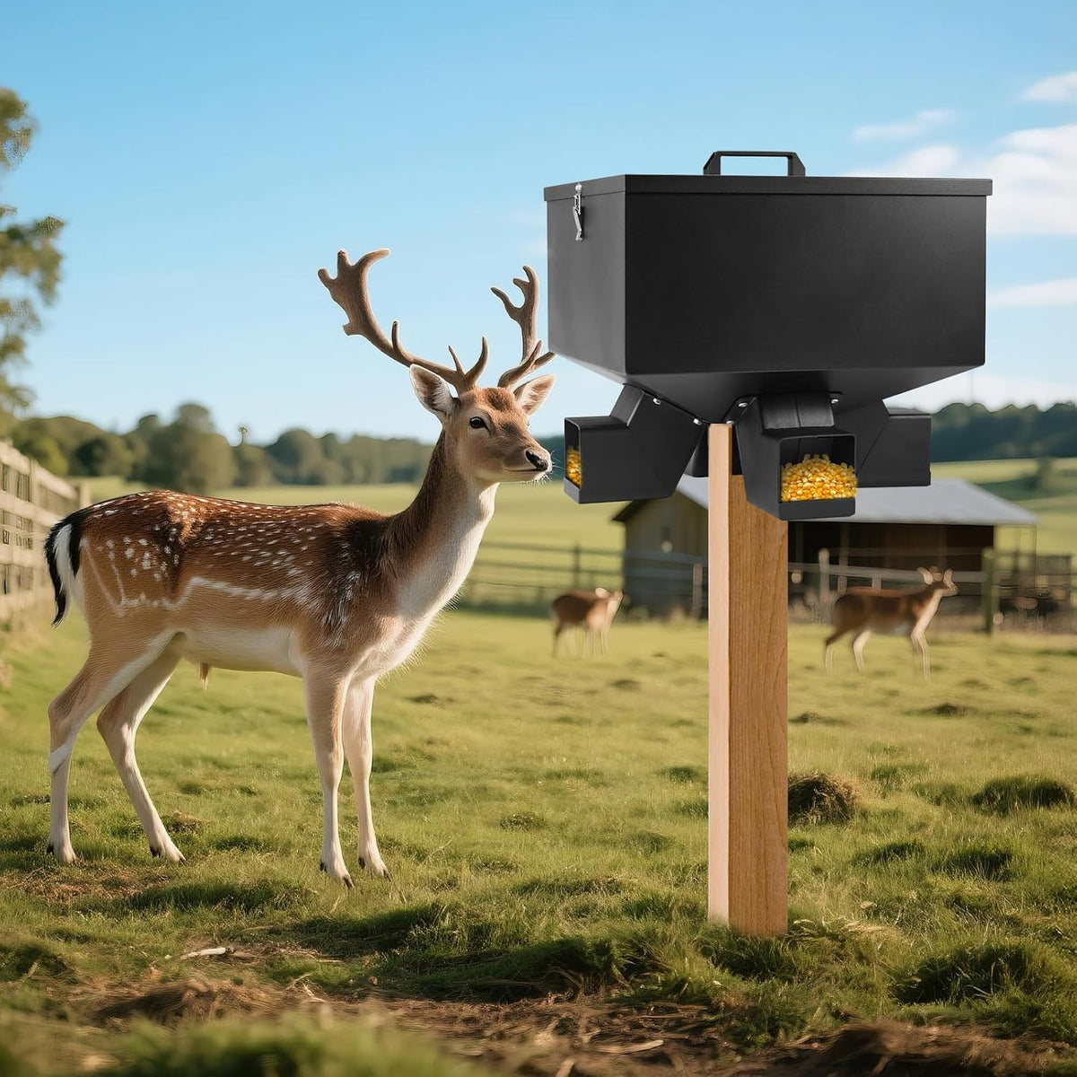 Portable 80LB Gravity Deer Feeder,Heavy Duty Metal Automatic Deer Feeder with 4 Feed Ports,Weatherproof for Wildlife