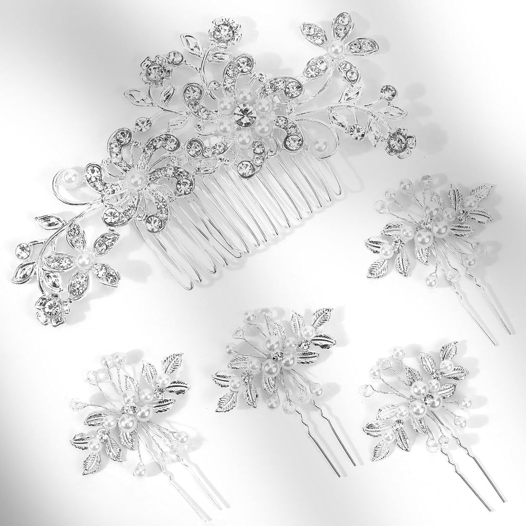Wedding Bridal Hair Accessories 5Pcs Wedding Hair Pieces for Brides Silver Hair Pins Hair Comb Set Bride Accessory
