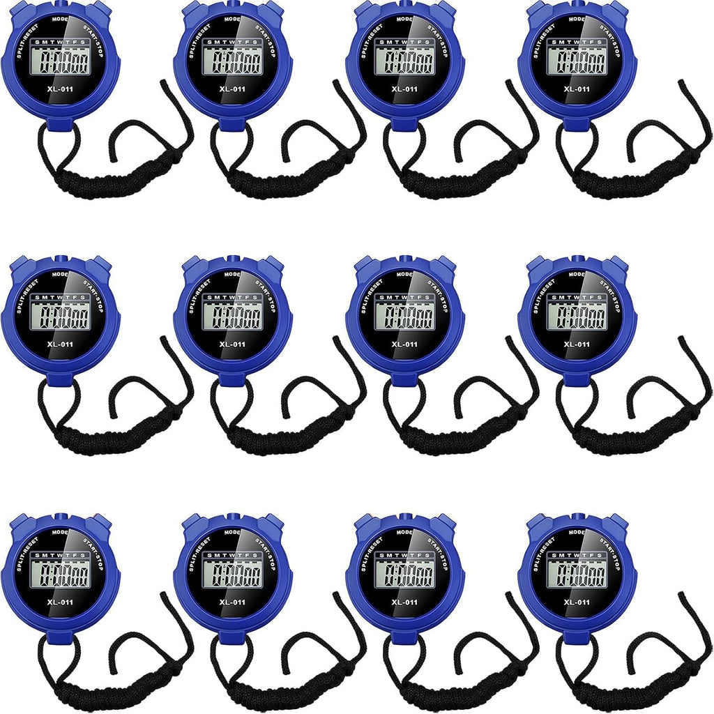 12 Pack Multi Function Digital Stopwatch Timer Bulk Sports Stopwatch with Lanyard Plastic Display Waterproof Date