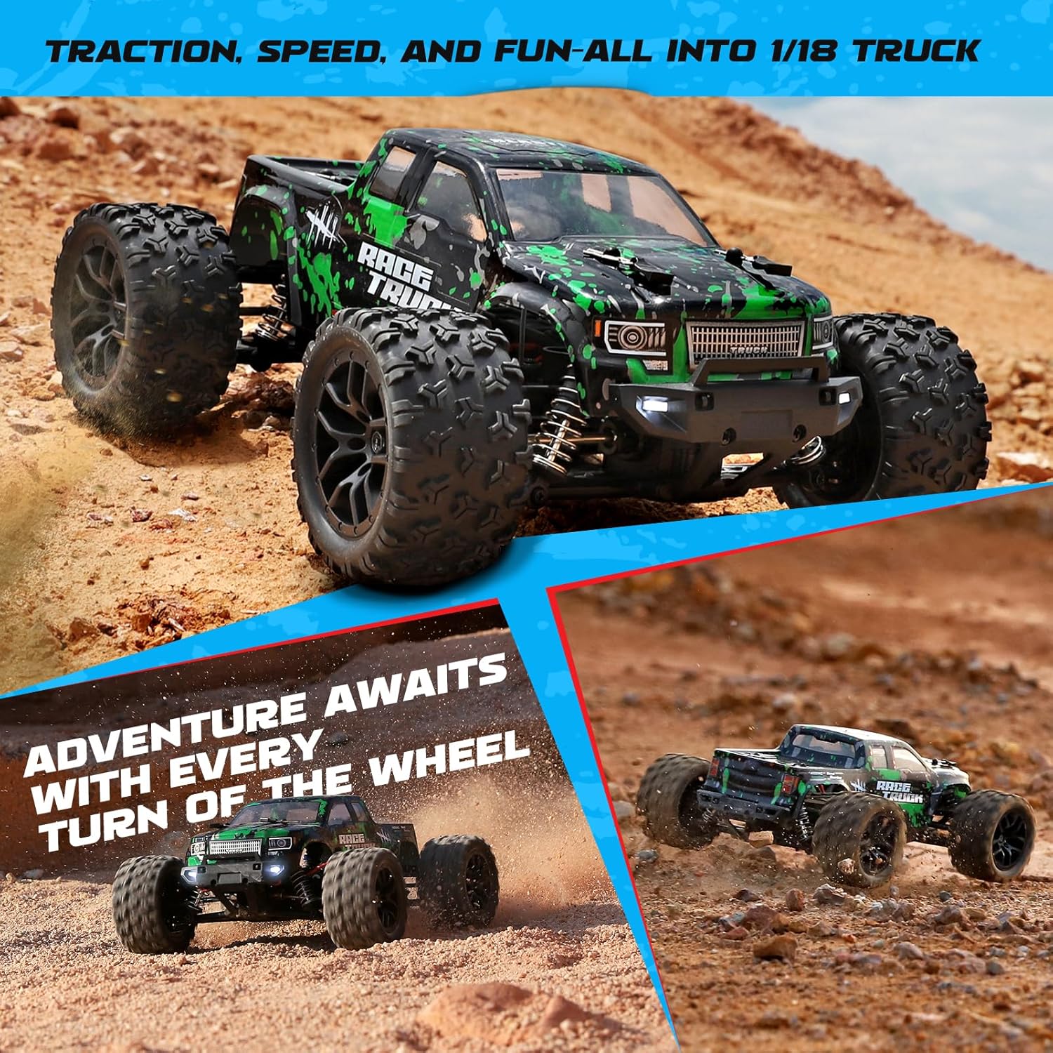 18859 1:18 Scale All Terrain RC Car, Hobby 4WD Remote Control Car | 2.4GHz Electric RC Vehicle 36 KPH High Speed 4X4
