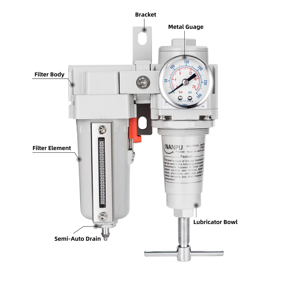 NANPU 1/2" NPT High Pressure Air Filter/Regulator Combo, T-Handle