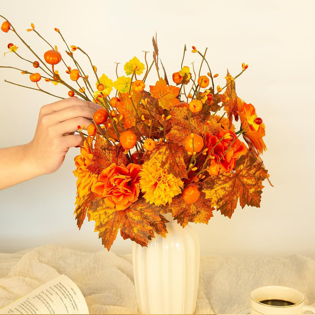 8-Pack Artificial Fall Picks 17" Tall with Mini Pumpkins and Berry | Flexible Fall Stems with Harvest Berries