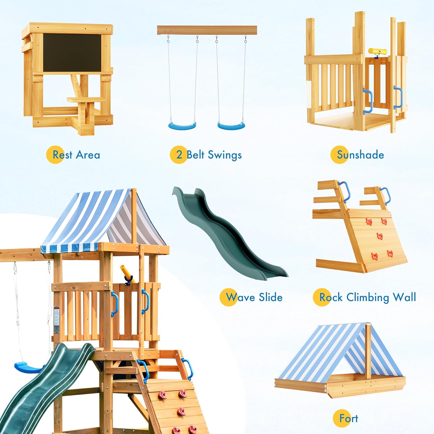 Wooden Swing Set for Backyard, All-in-One Kids Outdoor Play Equipment with Swings, Slide, Climbing Rope Ladder