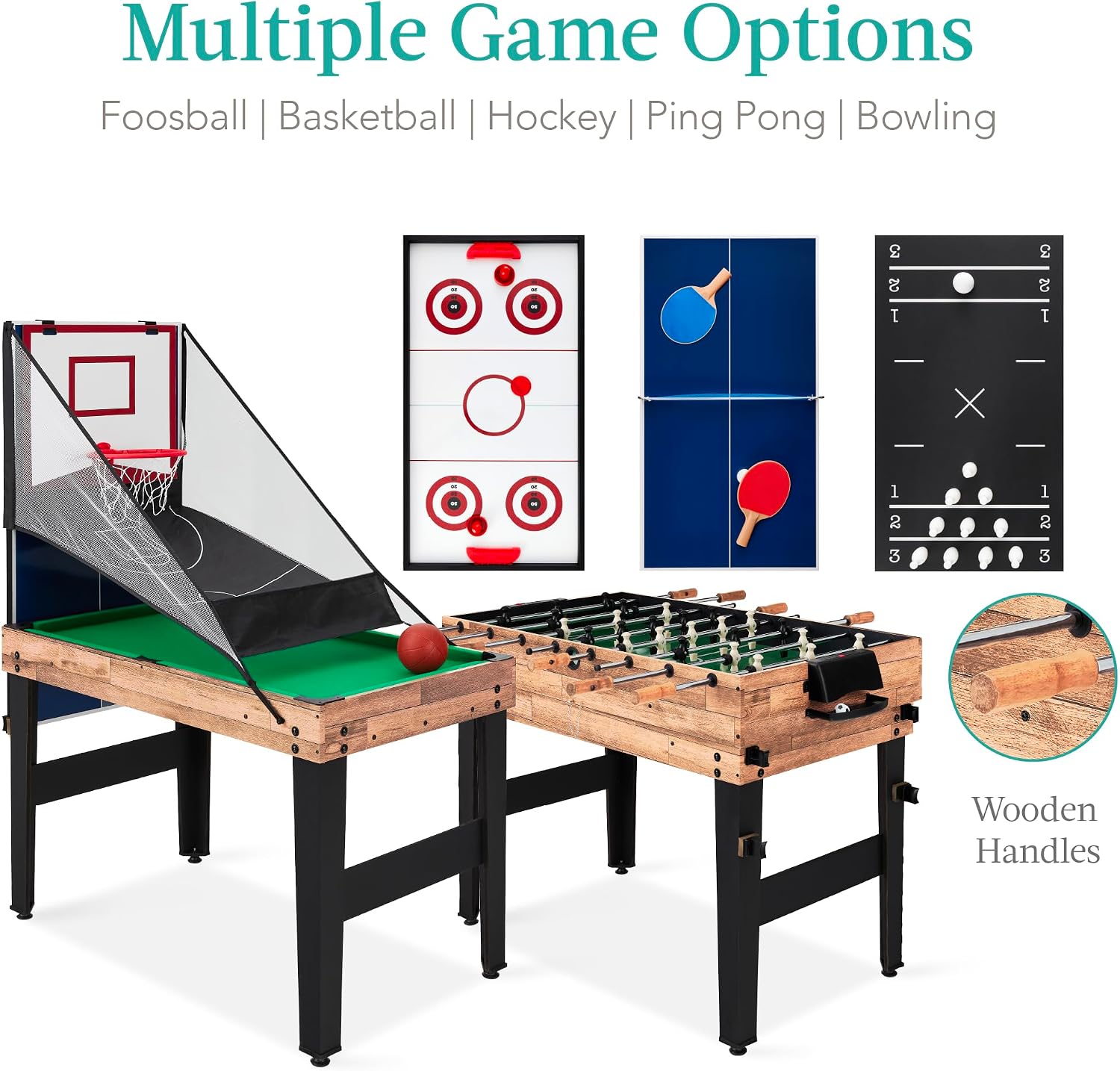 Combo Game Table Set for Home, Game Room, Friends & Family w/Ping Pong, Foosball, Basketball, Air Hockey, Archery