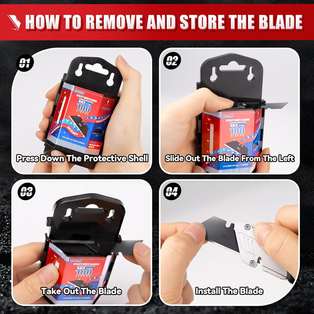 100 Pack Utility Knife Blade Refills, SK2 Razor Knife Blades, Black