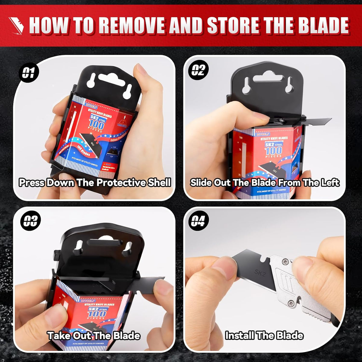100 Pack Utility Knife Blade Refills, SK2 Razor Knife Blades, Black