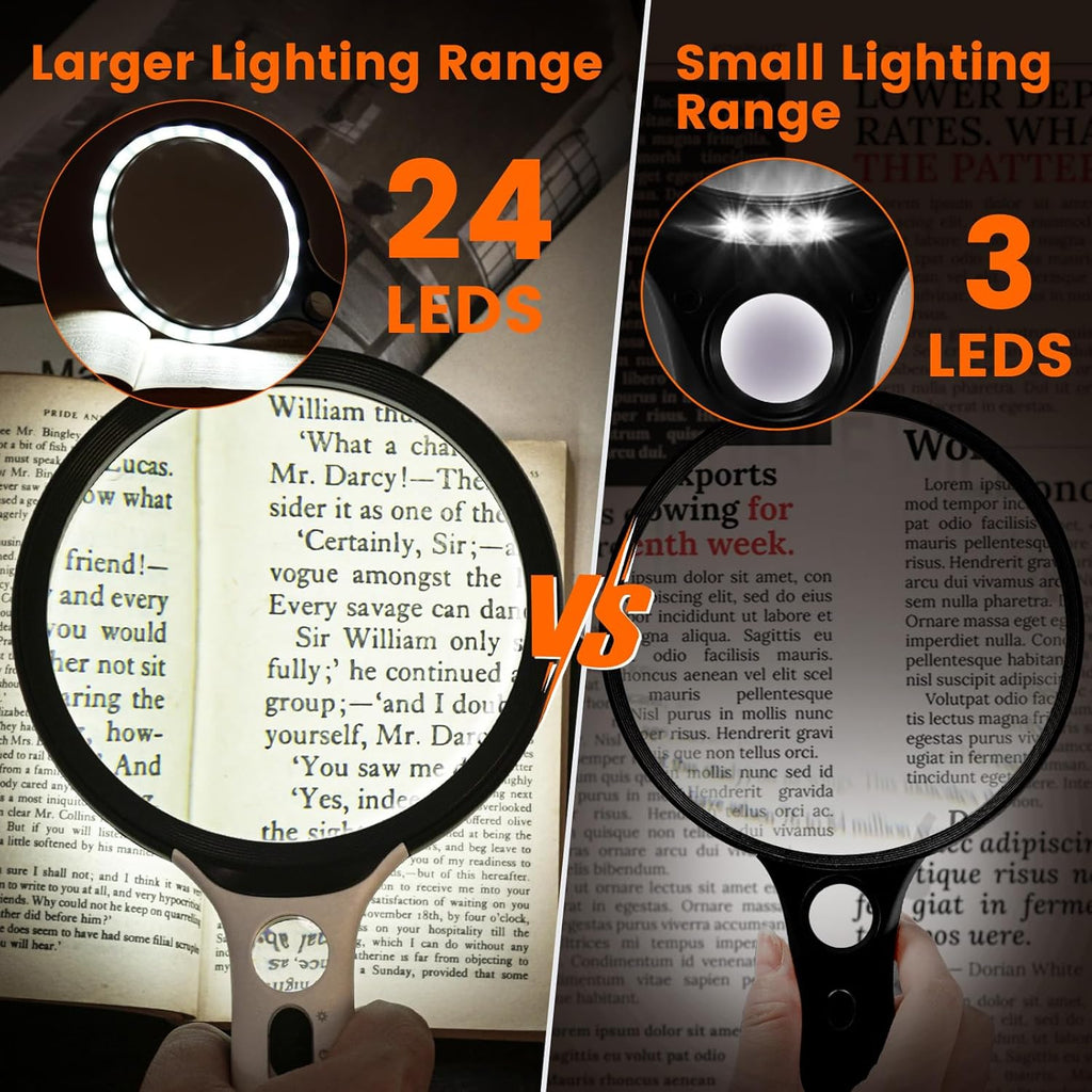 Magnifying Glass with Light Large 5" Lens, Handheld Illuminated Lighted Magnifier 24LED 1UV Light for Seniors