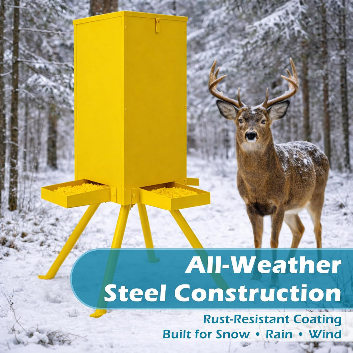 Deer Feeder 60-70 lbs, Weatherproof Deer Feeders, Heavy Duty Metal Gravity Deer Feeder with 4 Feeding Tray and 4-Leg