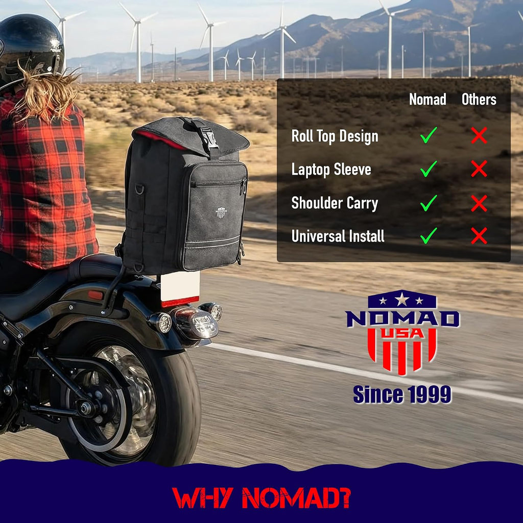 Nomad Motorcycle Sissy Bar Bag Expandable Roll Top Extra Storage Motorbike Tail Bag Converts to Handle & Shoulder