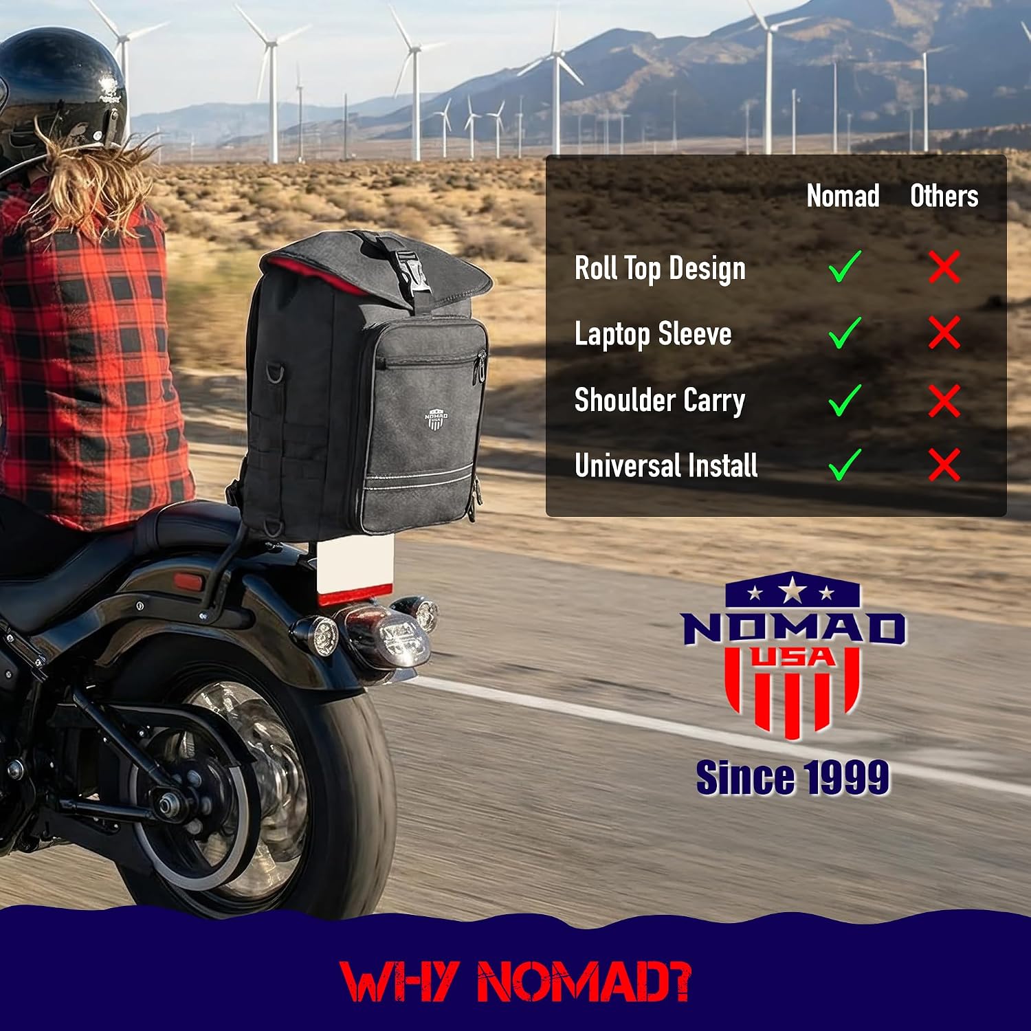 Nomad Motorcycle Sissy Bar Bag Expandable Roll Top Extra Storage Motorbike Tail Bag Converts to Handle & Shoulder