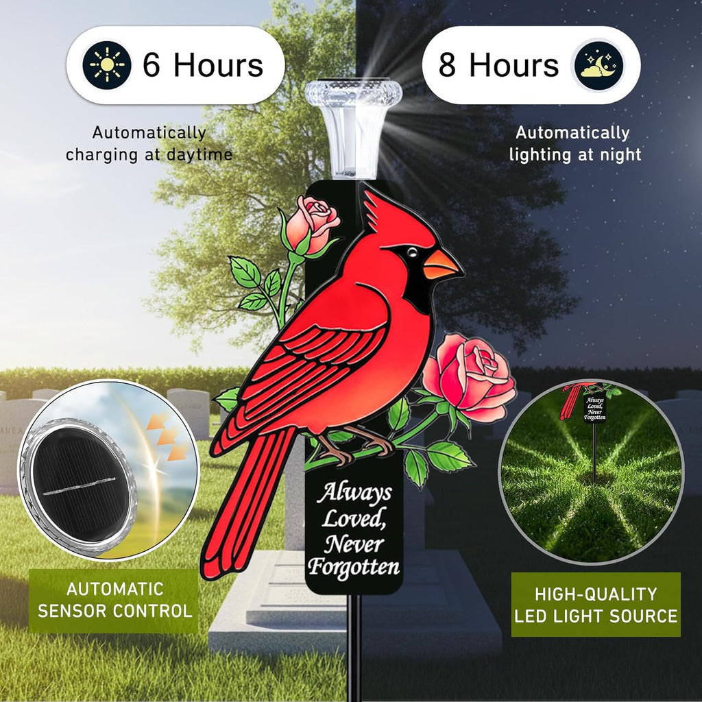 Solar Cardinal Memorial Stakes for Graves - Metal Cemetery Decorations with LED Light, Sympathy Gift for Loss of