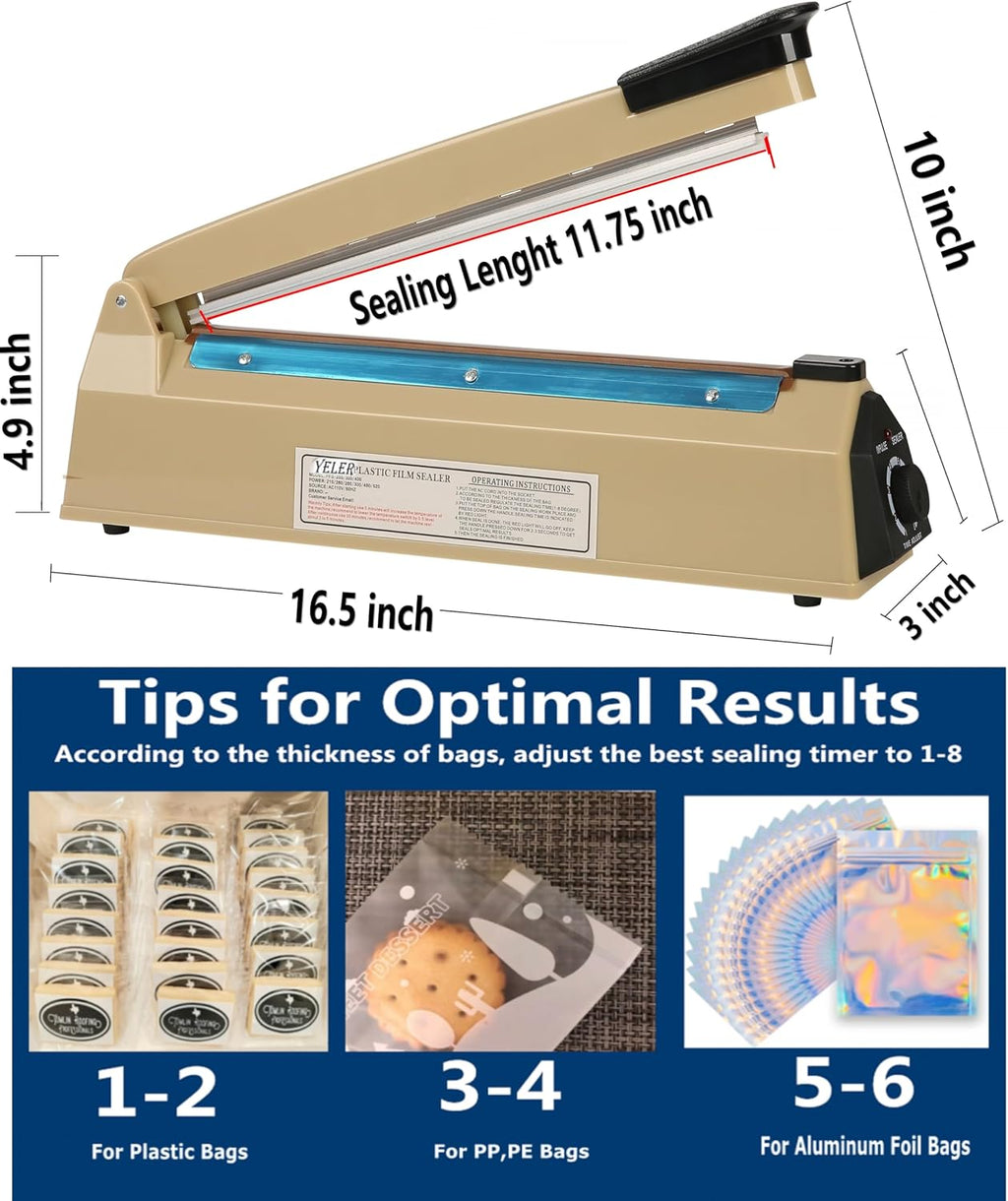 12 Inch Impulse Heat Sealer - Manual Poly Bag Sealer Machine for Plastic PE PP Bags - Extra Replace Element Grip (Beige)