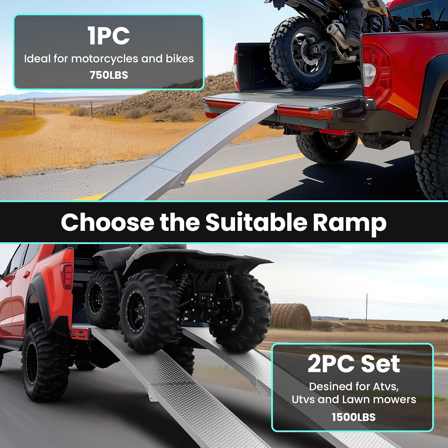 7.5FT Aluminum Truck Ramps, 1500lbs Capacity Folding Loading Ramps, 2 PCS Heavy Duty ATV Ramps for Pickup Trucks