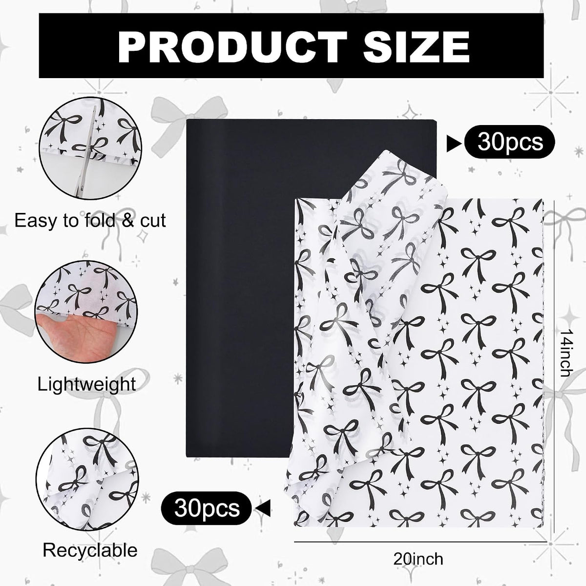 60 Sheets Black Bow Tissue Paper for Gift Wrapping