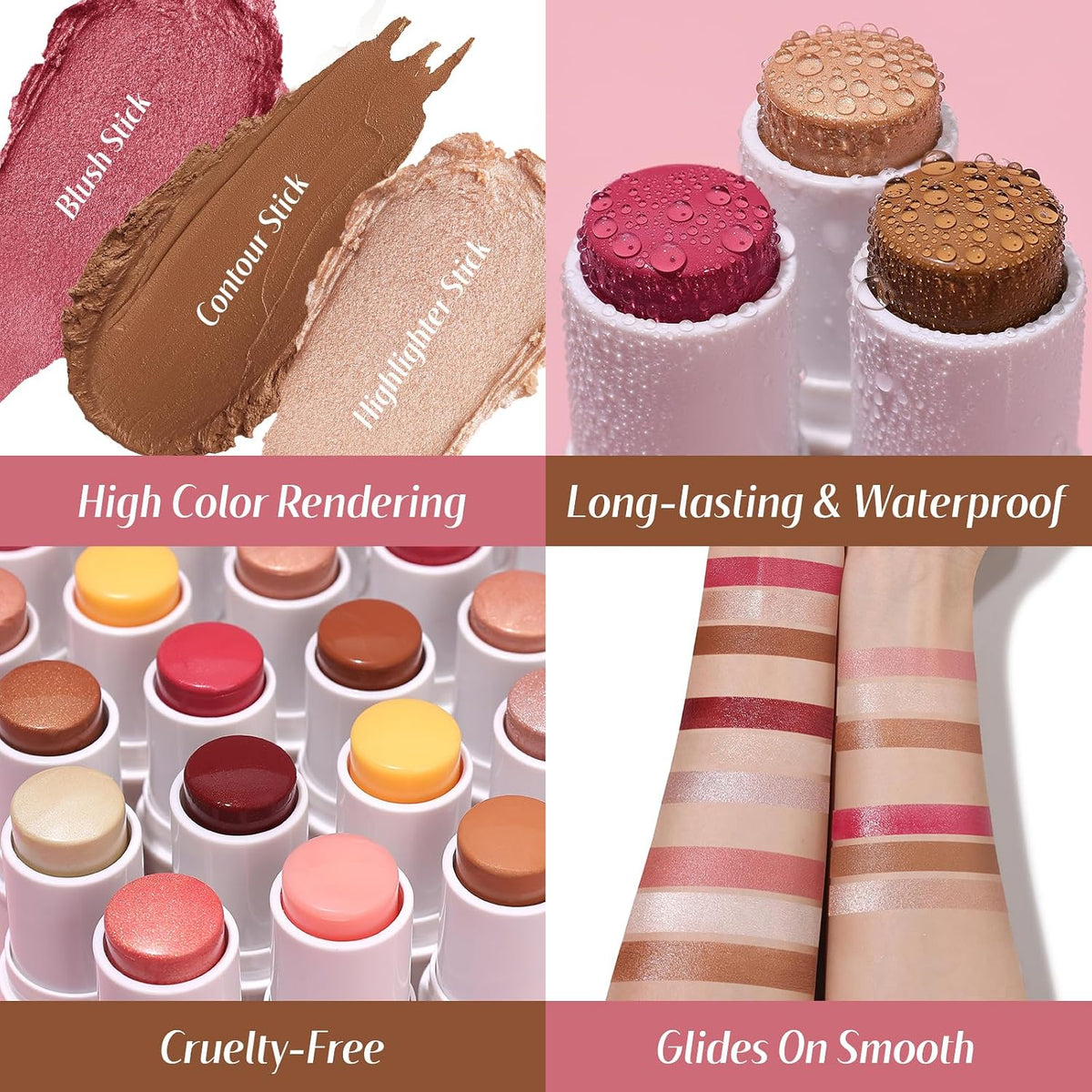 Face Sticks Trio, Blush, Highlighter & Contour Stick for Face Makeup