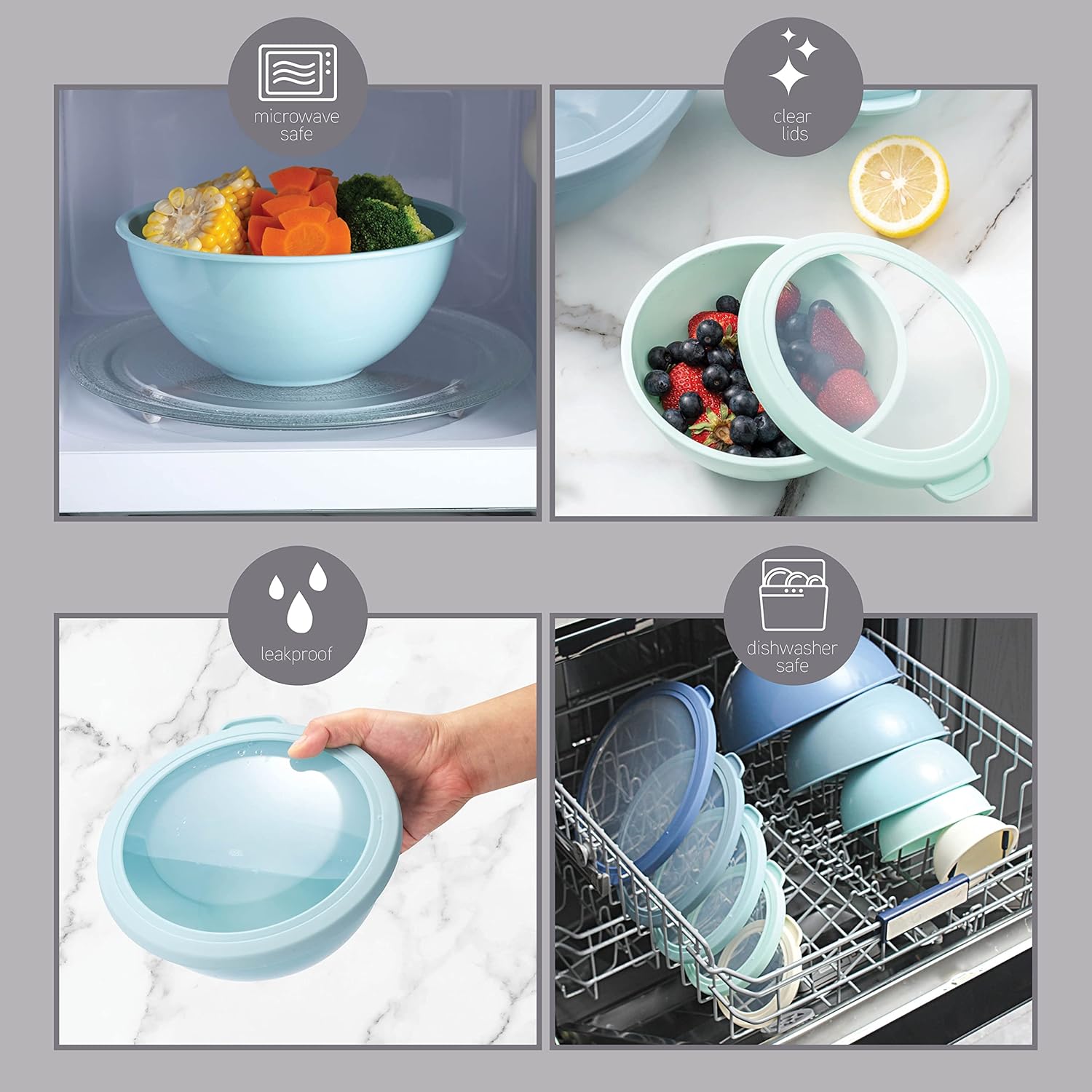 Mixing Bowls with TPR Lids - 12 Piece Plastic Nesting Bowls Set includes 6 Prep Bowls and 6 Lids, Microwave Safe (Blue)