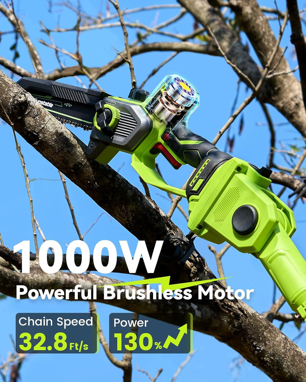10 Inch Electric Pole Saws for Tree Trimming, 1000W Brushless Pole Saw and Mini Chainsaw 2 in 1, 2*4000mAh Battery