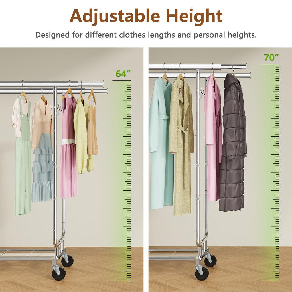 Heavy Duty Rolling Clothes Rack, 620 LBS Load Double Rod Adjustable Garment Rack with Storage Shelf, Portable