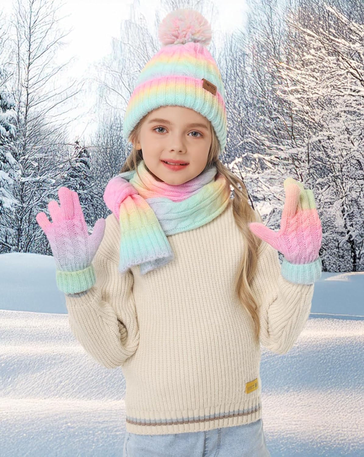 Kids Winter Hat Scarf Gloves Set, Girls Boys Toddler 8% Wool Warm Fleece Beanie Knit Neck Scarf Mittens Christmas Gift