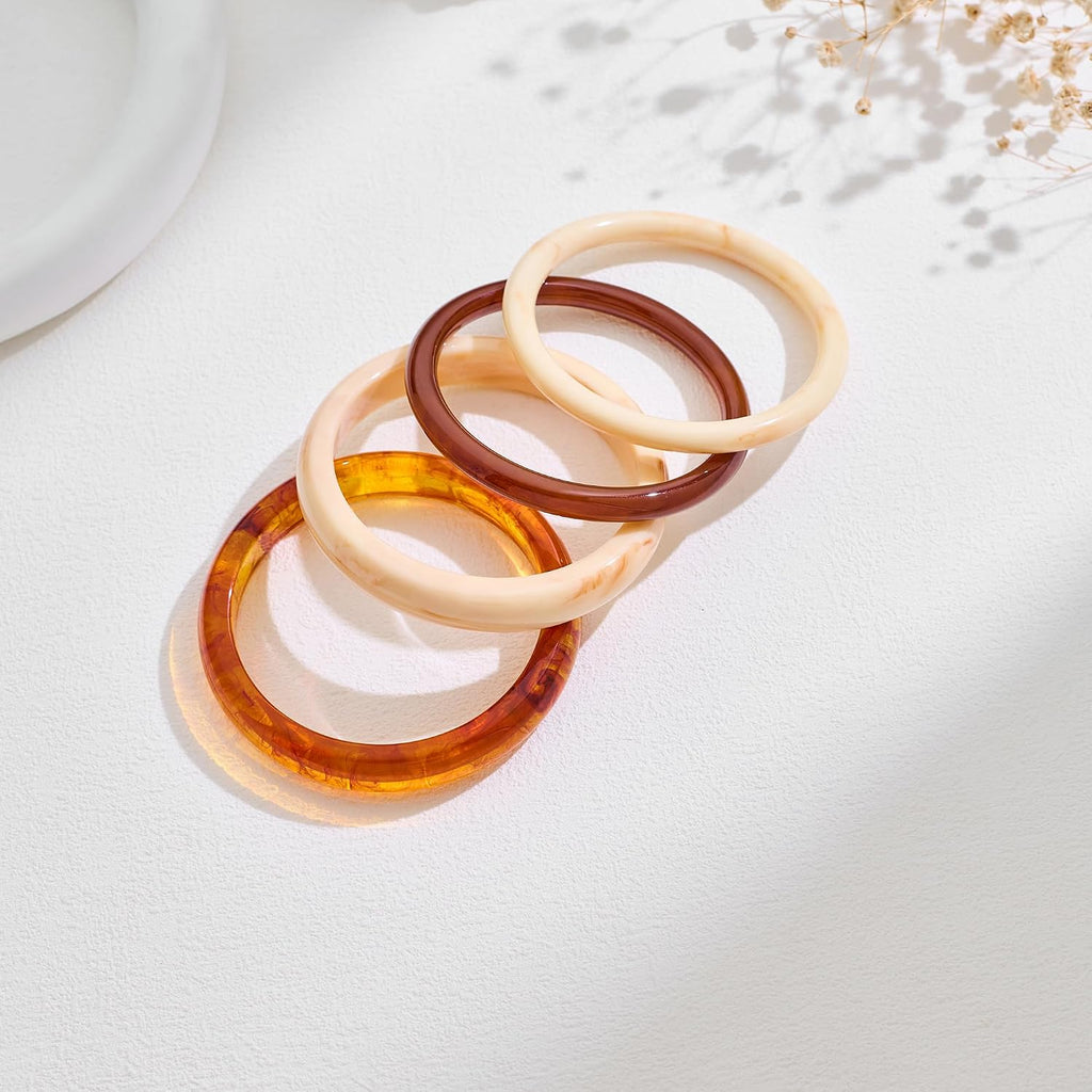 4Pcs Resin Acrylic Bangle Bracelets Set for Women Stackable White Brown Acetate Resin Bangles Geometric Chunky