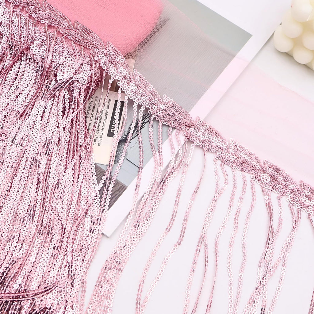 9.5 Yards Pink Fringe Trim Lace Sequin Fringe Ribbon