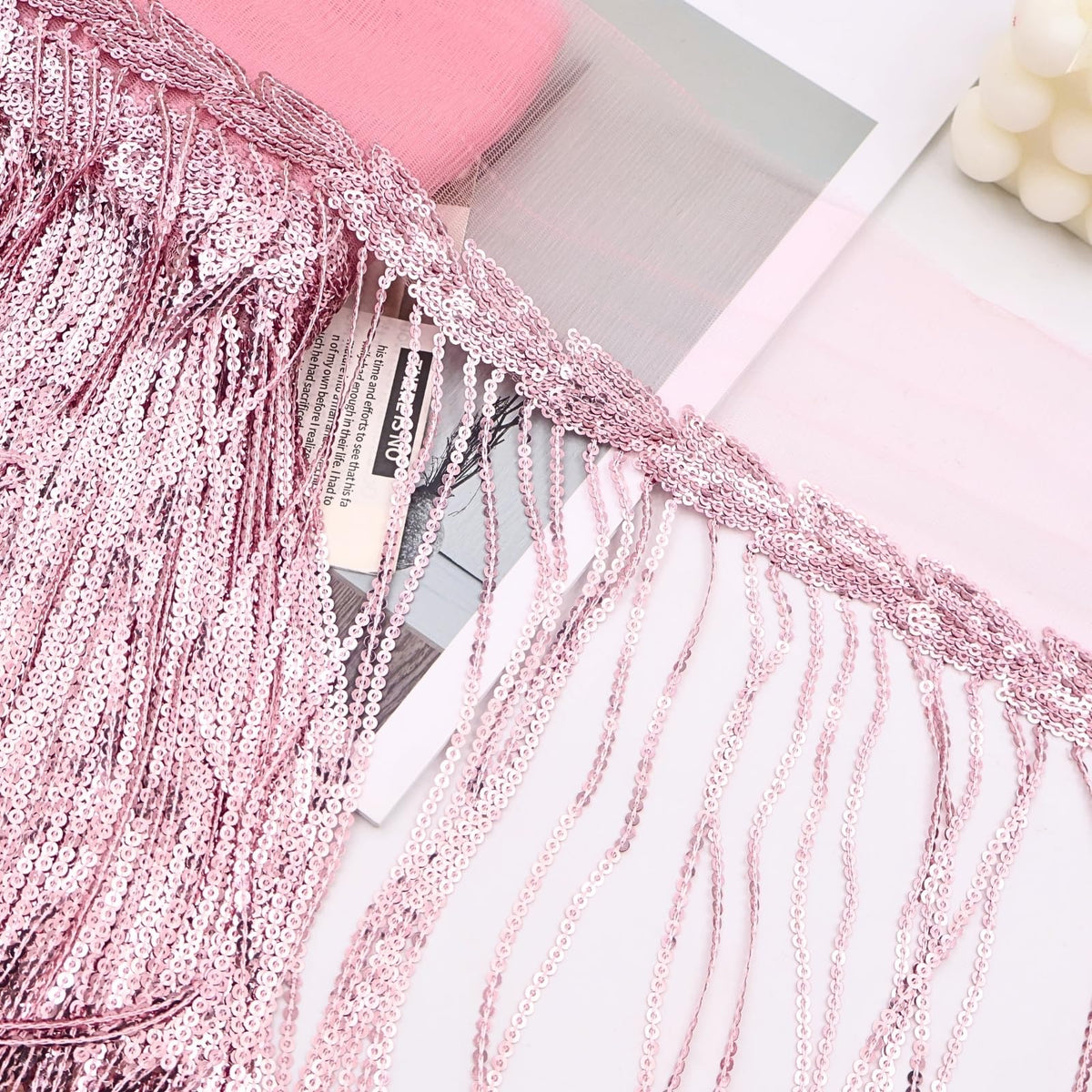 9.5 Yards Pink Fringe Trim Lace Sequin Fringe Ribbon