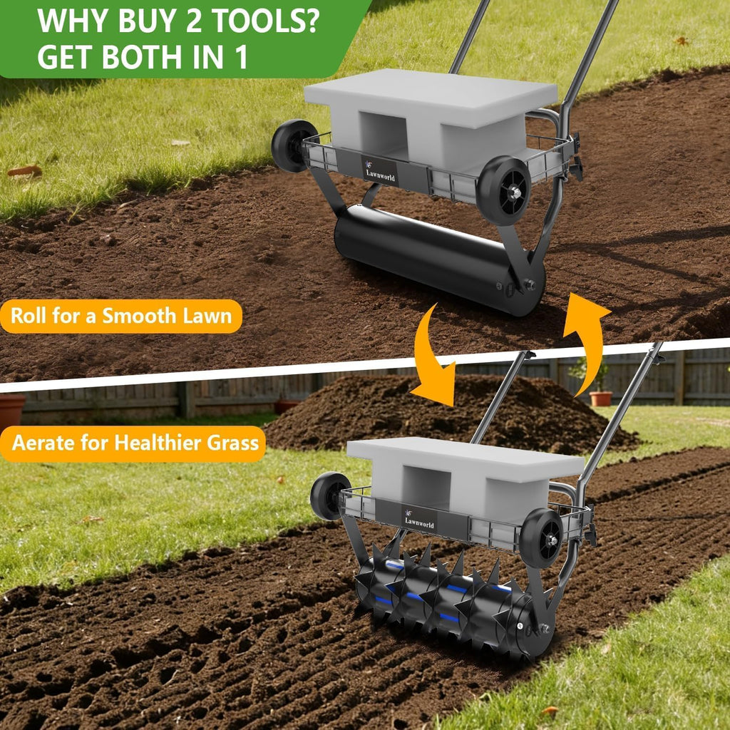 2-in-1 Rolling Lawn Aerator & Lawn Roller, Removable Gear Spikes for Easy Switch, Up to 100 lbs Capacity, Heavy Duty