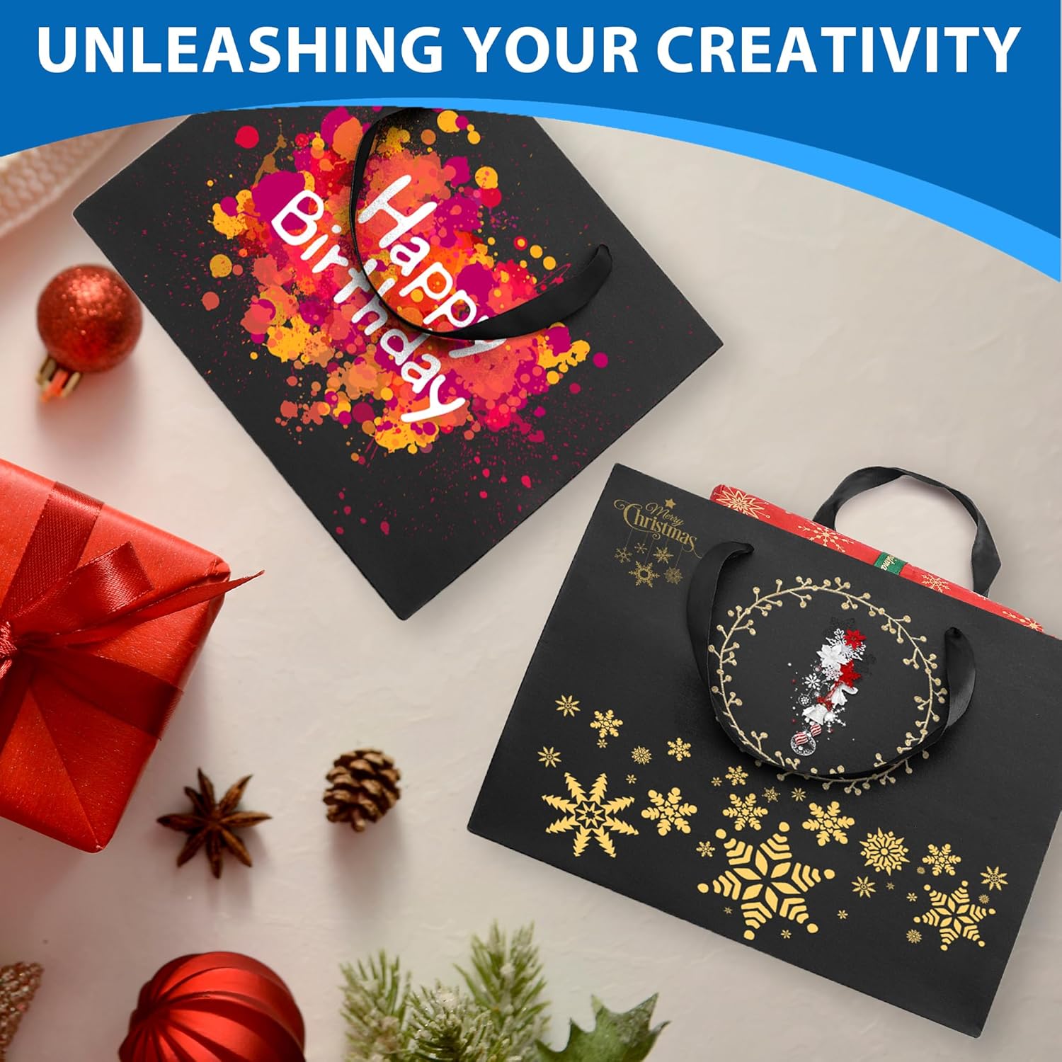 Extra Large Black Gift Bags: 2pcs 16x6x12 Inch Gift Bags With Handle For Birthday Wedding Party Business (With Black
