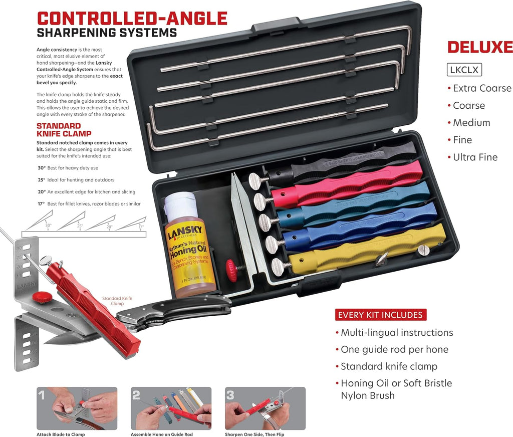 Deluxe Knife Sharpening System: 5-Stone Ceramic Knife Sharpener Kit with Honing Oil - LKCLX | Honing oil included