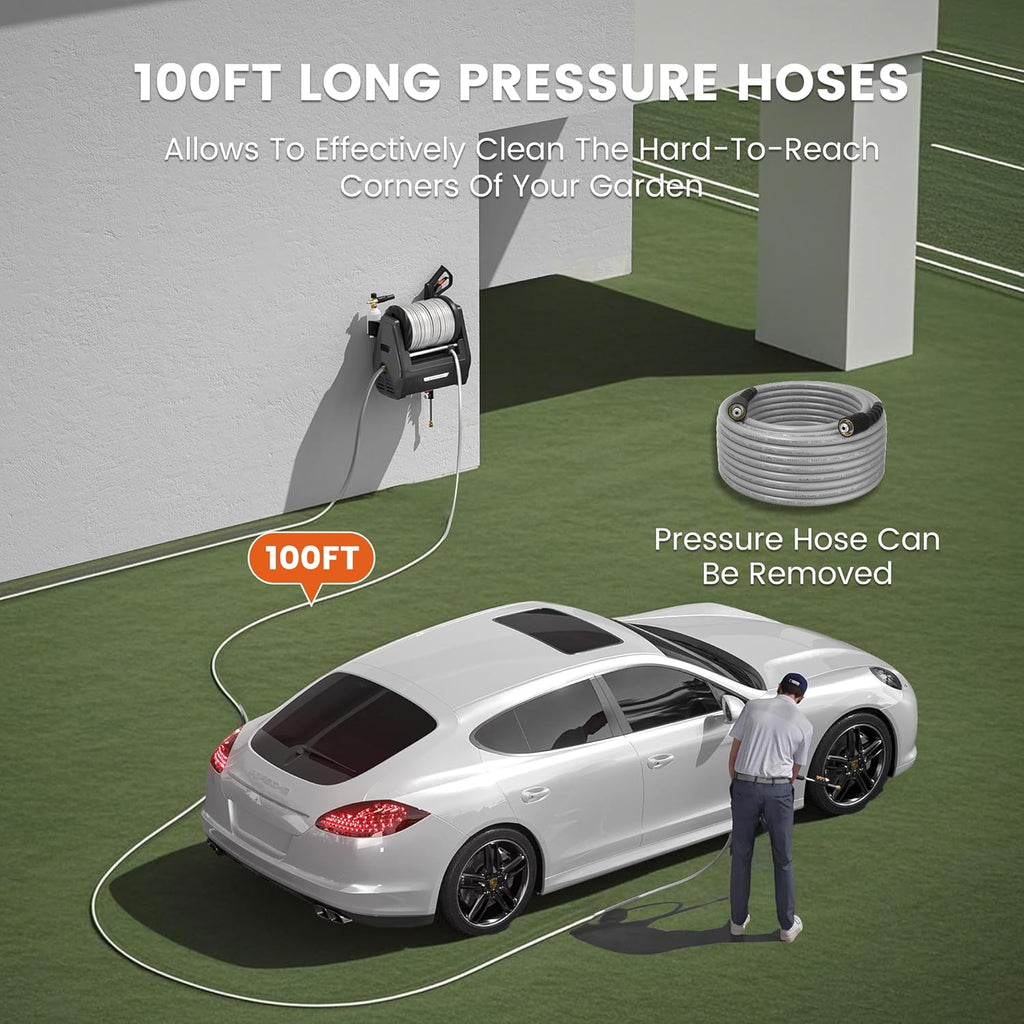 Grandfalls Retractable Wall Mount Pressure Washer Plus, Electric Power Washer with 100ft Pressure Hose, Max 2900PSI