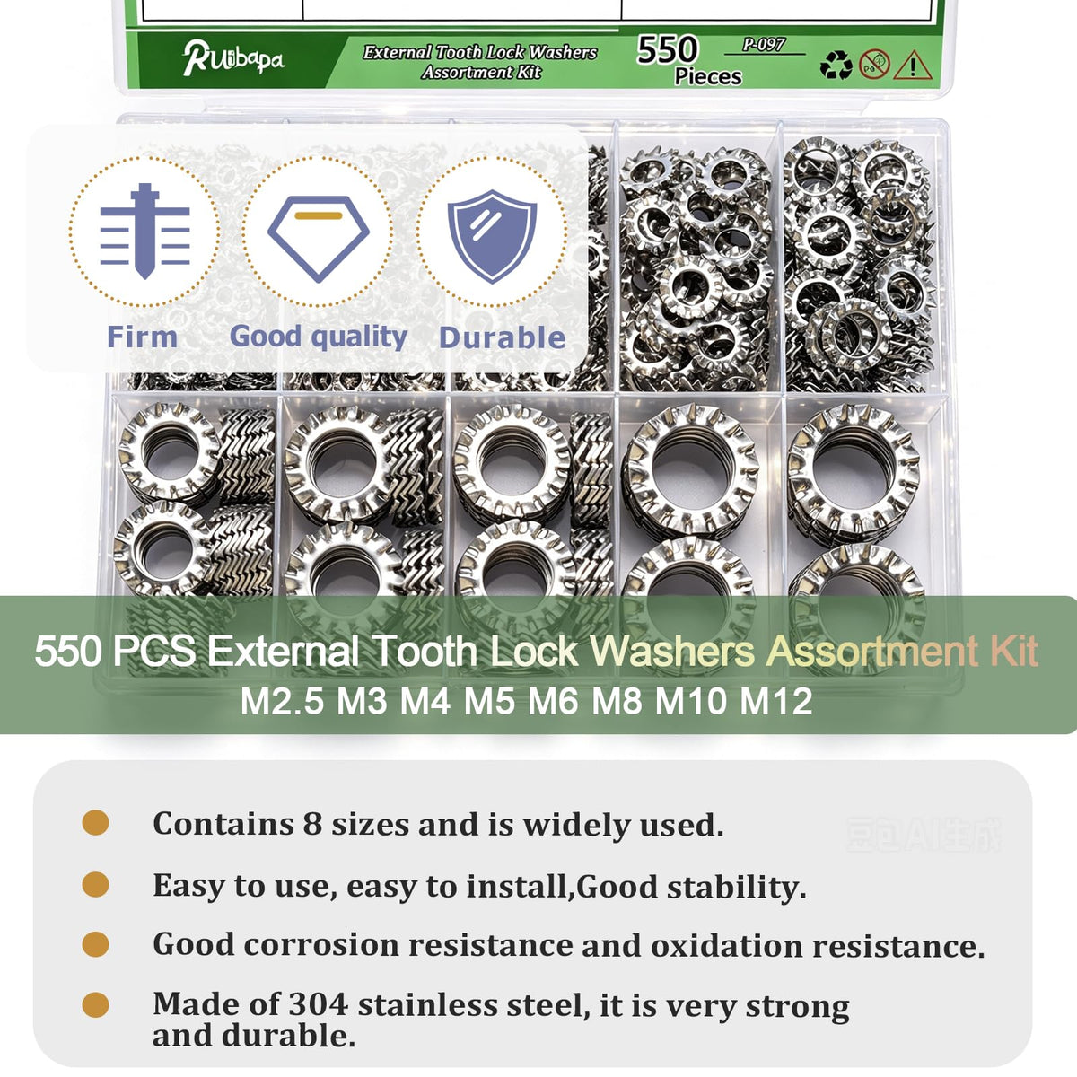 550PCS External Tooth Lock Washers Assortment Kit (M2.5-M12)