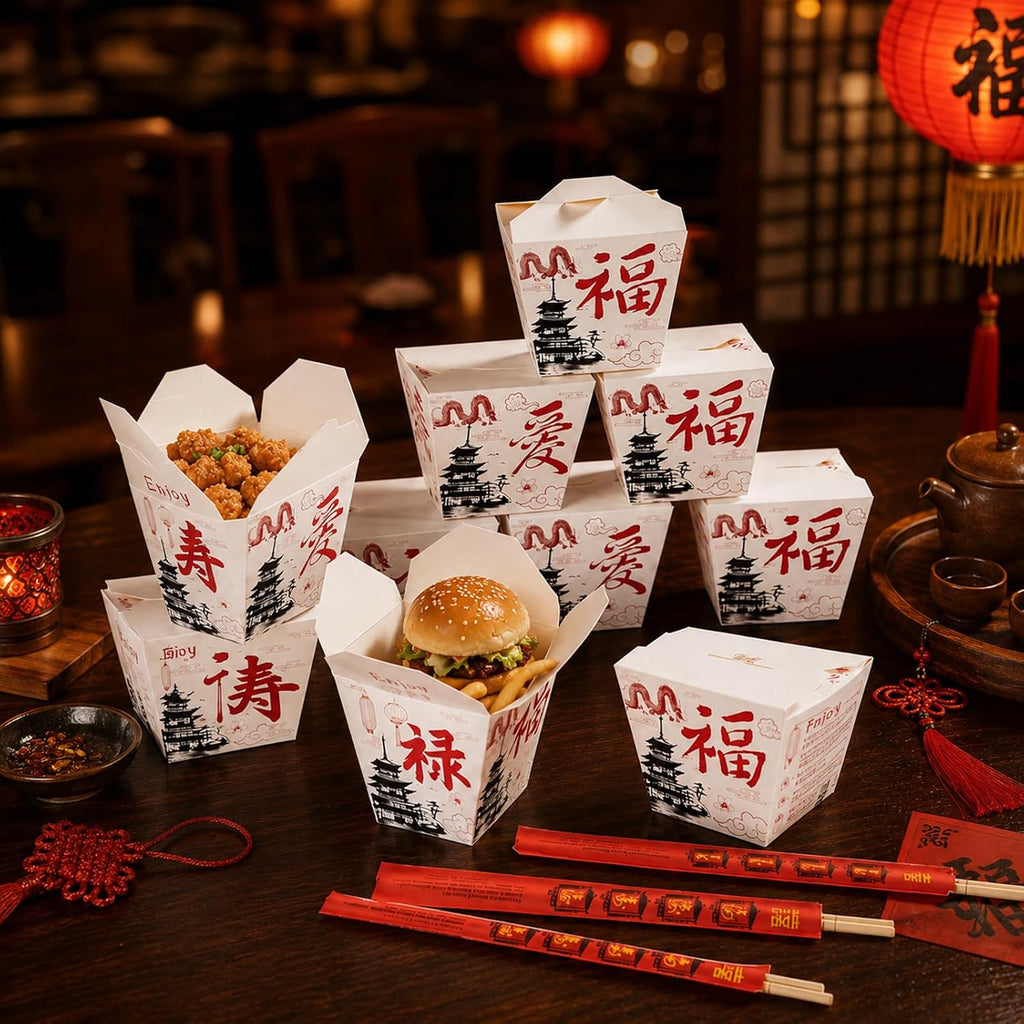 50 Sets White Chinese Take Out Food Boxes with Chopsticks