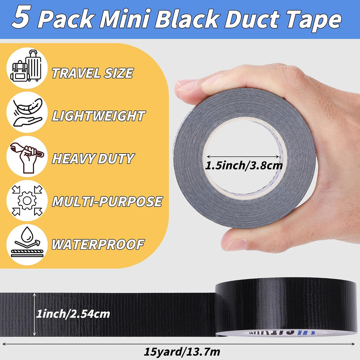 5 Pack Mini Black Duct Tape, 1" x 75 Yards Pocket Travel Size