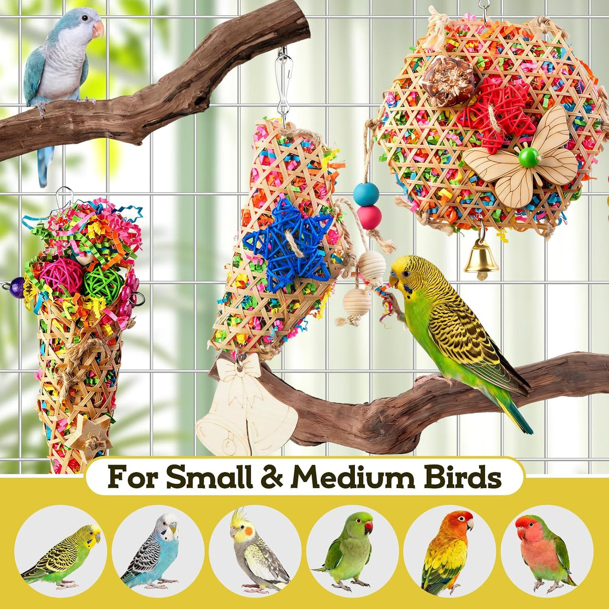 Bird Toys, Parakeet Foraging Toys, Hanging Chewing Toys with Natural Wooden Perches, Bird Cage Accessories, Suitable